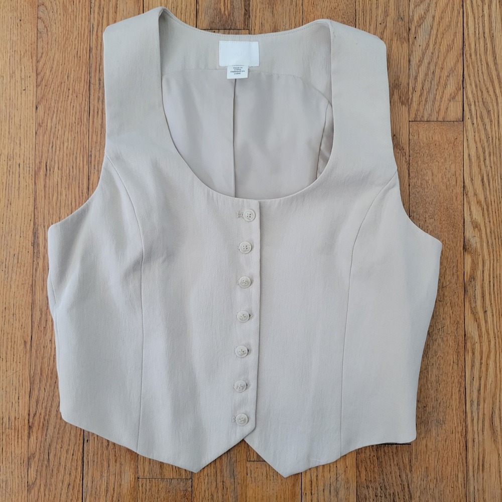HM S Vest Tan Button Front Scoop Neck Tailored Waistcoat Academia Twee Preppy